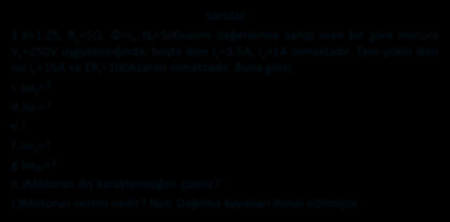 6 DC Motorlr (Doğrusl Anliz) Sorulr 1.K=1.25, R =5Ω, Φ=, N =500srım değerlerine ship oln bir şönt motor V =250V uygulndığınd, boşt iken L =3.5A, =1A olmktdır.