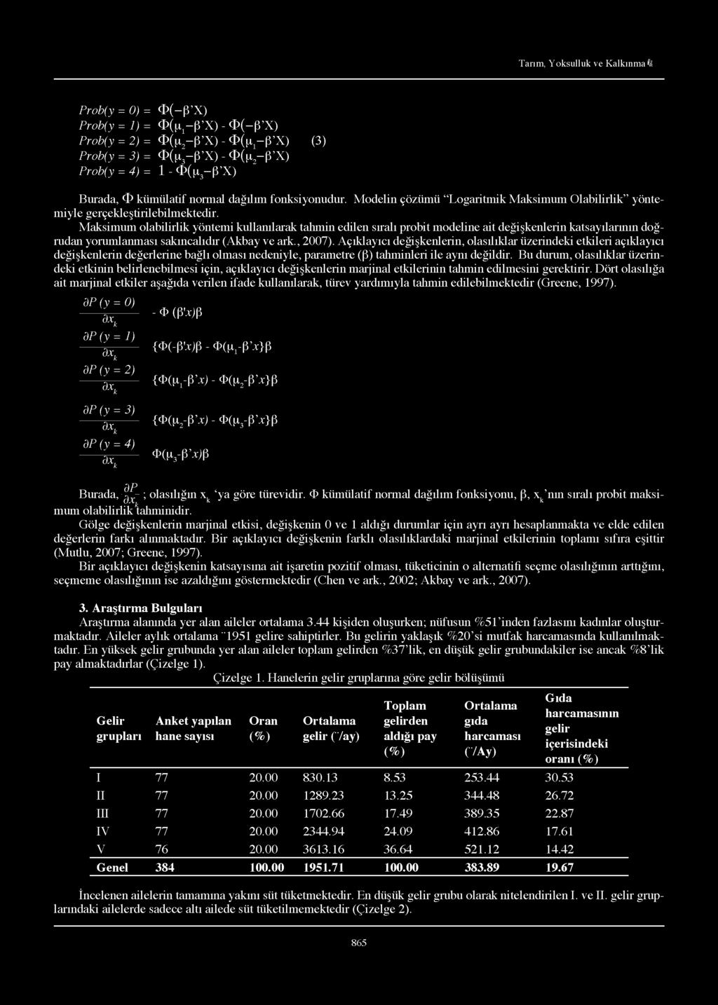 Maksimum olabilirlik yöntemi kullanılarak tahmin edilen sıralı probit modeline ait değişkenlerin katsayılarının doğrudan yorumlanması sakıncalıdır (Akbay ve ark., 2007).