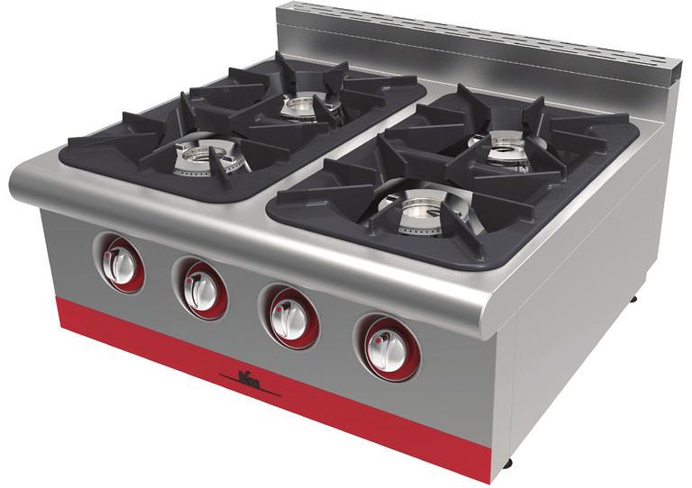 OCAK 4 AÇIK ALEVLİ RANGE 4 OPEN BURNERS Emniyet tertibatlı gaz muslukları ve alev denetleme Pres baskı yöntemiyle basılmış monoblok üst tabla Kolayca çıkarılıp yıkanabilir 60 mm derinlikli tavalar