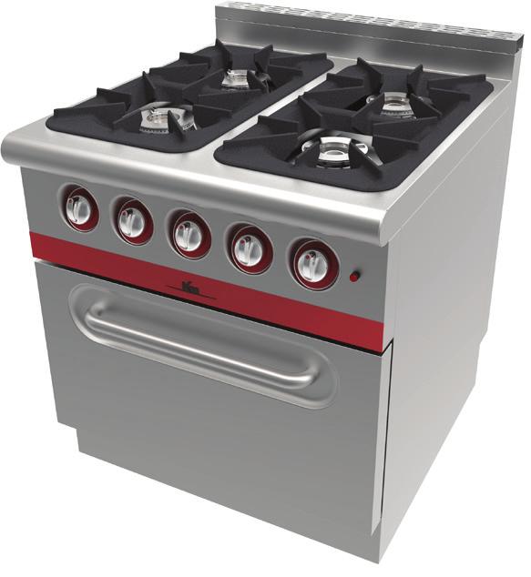 KUZİNE 4 AÇIK ALEVLİ, FIRINLI RANGE 4 OPEN BURNERS WITH OVEN Emniyet tertibatlı gaz muslukları ve alev denetleme sistemi Gazlı fırın piezo çakmaklı ateşleme sistemi Pres baskı monoblok üst tabla 60