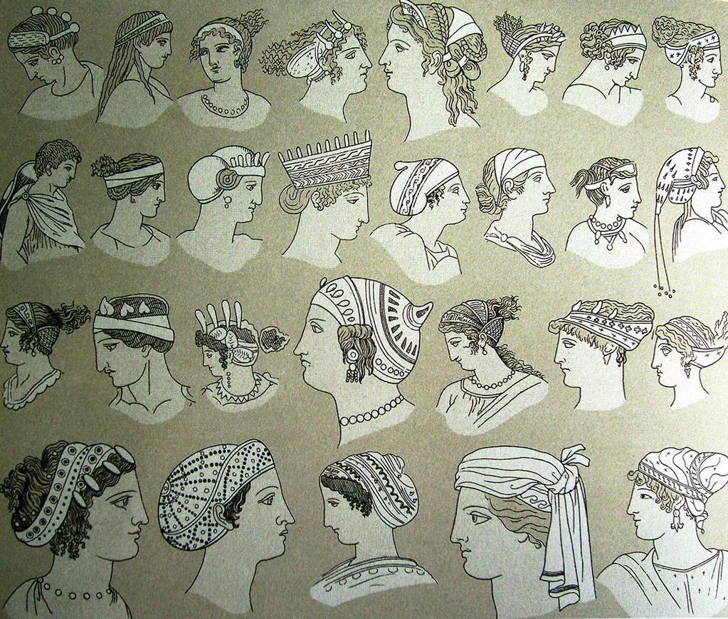 Süs ve takılara önem veren Yunan kadınları kendilerini süsleyebilmek için saçlarını neredeyse yapabilecekleri her şekle sokmuş ve süsleme aracı olarak çeşitli saç bantları, başlık, eşarp,