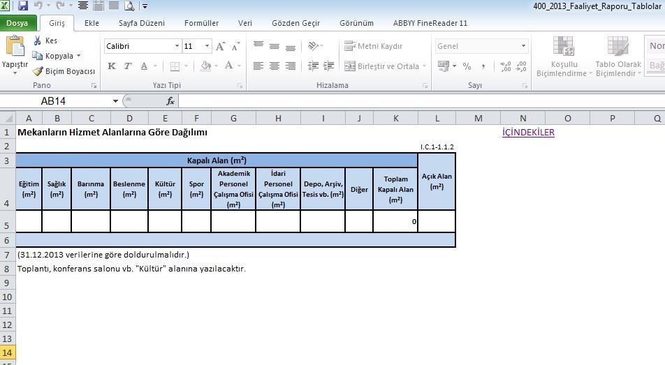 3.Aşama: Excel Tablolar Dosyası Üzerinde Çalışma Tablo Kodu Diğer tablolara geçiş ve kontrollerde kolaylık sağlaması amacıyla konulan «İÇİNDEKİLER» köprüsüne tıklayarak ilk giriş sayfasına