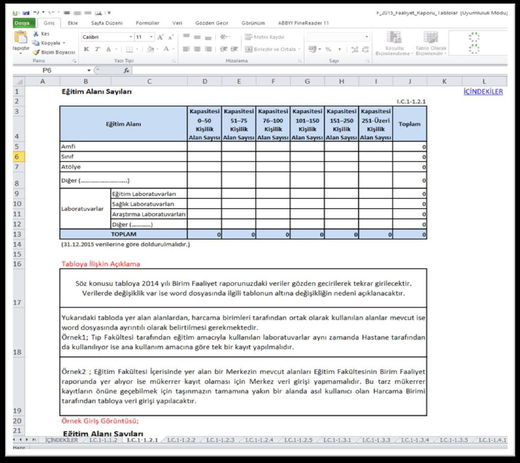 3.Aşama: Excel Tablolar Dosyası Üzerinde Çalışma Tabloların alt tarafında tablolara ilişkin gerekli açıklamalar yer almaktadır.
