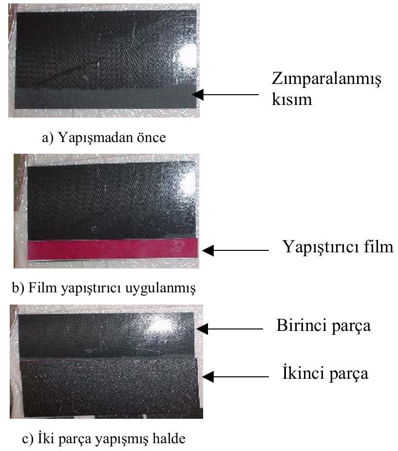 Şekil 2: Tek taraflı bindirmeli bağlantının yapıştırma aşamaları YapıĢtırılmıĢ Deney Parçalarının Vakuma Alınması ve Kür Edilmesi Deney parçalarının hepsi yapıştırıldıktan sonra vakum torbası