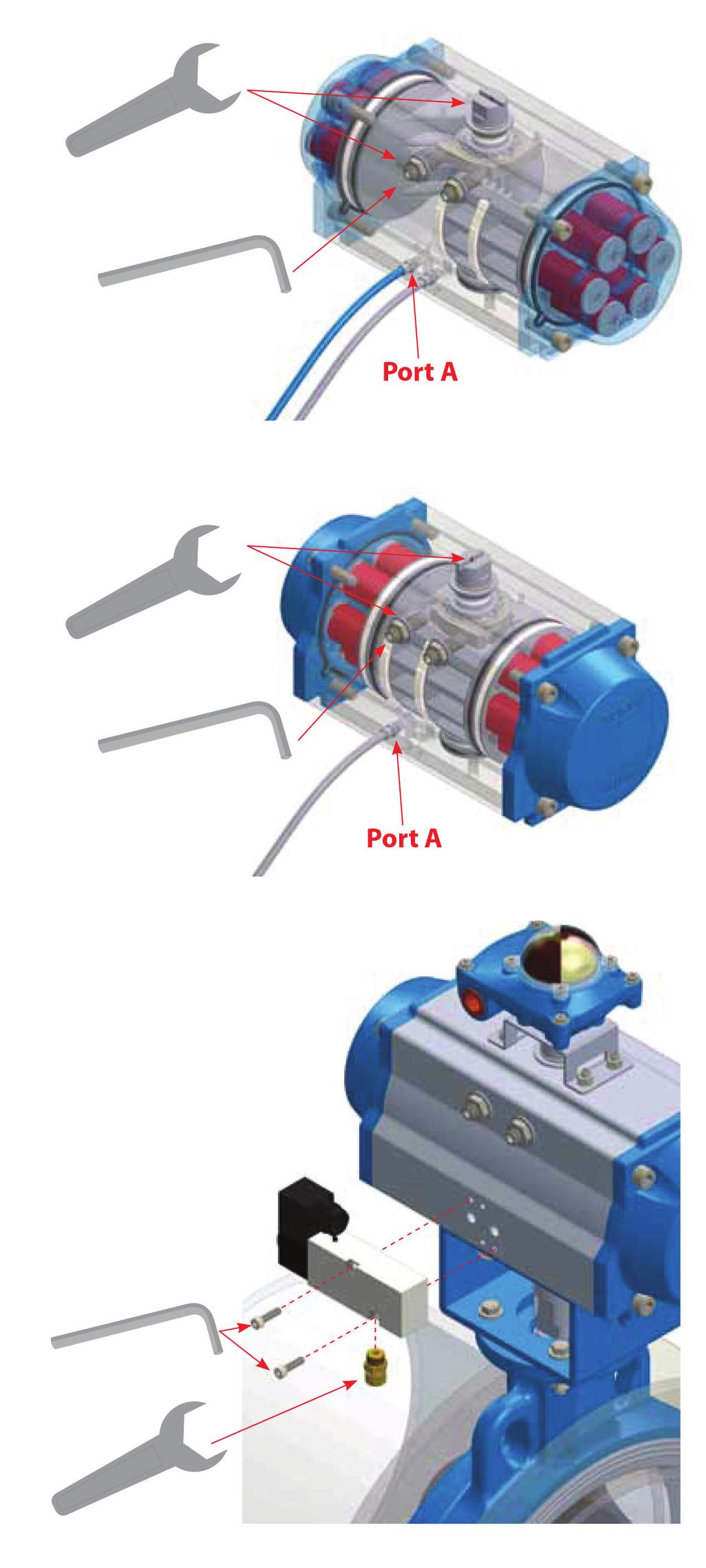 Tek Etkili Aktüatörler (Açık Pozisyon) I. Aktüatörü basınçlı hava sistemine bağlayın Aktüatörü açmak için Port A ya biraz basınç verin. II. Anahtar kullanarak pistonları doğru pozisyona ayarlayın.