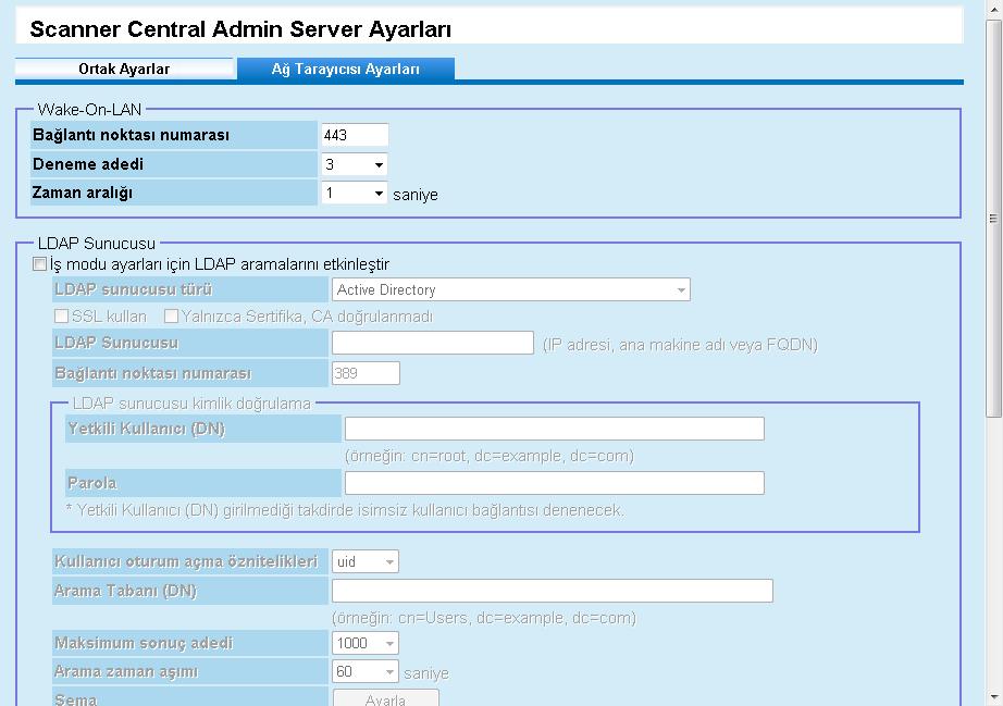 Bölüm 3 Ağ Tarayıcısı Ayarları Ağ Tarayıcısı LDAP ve SharePoint sunucuları ayarları gibi yalnızca ağ tarayıcılarına özel Admin Server ayarlarını yapılandırın ve seçilen kullanıcı dolaşım verisini