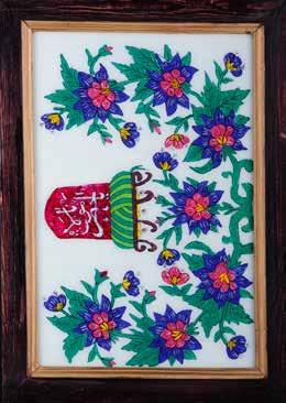 Hazreti Mevlana yazılı, çiçek motifleri resmedilmiş camaltı