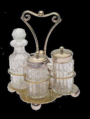 167. TUZLUK BİBERLİK SETİ 1910-1930 lu yıllar İngiliz, damgalı, gümüş kaplama metal sepetli, kesme kristal camlı, dörtlü set. 19x12x12 cm 220 166.