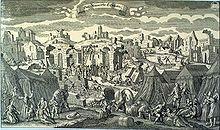 The Ruins of Lisbon. Survivors lived in tents on the outskirts of the city after the earthquake, as shown in this fanciful 1755 German engraving.