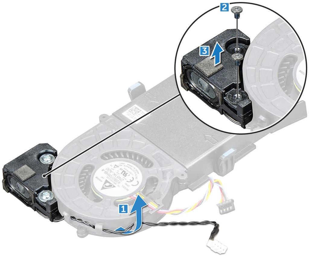 Hoparlörü takma 1 Hoparlördeki yuvalarla sistem fanındaki yuvaları hizalayın. 2 Hoparlörü sistem fanına sabitlemek için M2.5X4 vidaları sıkın.