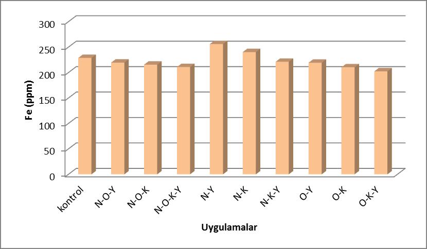 35 4.9.5. Demir (Fe) içeriğine etkisi Marulda rizobakter uygulamalarının demir içeriğine etkisi istatistiksel olarak önemli bulunmuştur. Çizelge 4.9.5. Sera koşullarında bitki büyümesini artırıcı rizobakterlerin marulda Fe içeriğine etkisi ve kontrol grubuna göre değişim oranı Veriler Fe (ppm) % değişim N-O-Y 219.