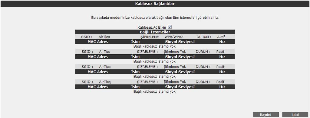 KABLOSUZ AYARLARI AirTies Ağ Asistanınızdaki Gelişmiş Ayarlarda, KABLOSUZ menüsüne tıkladığınızda, AirTies cihazınıza bağlı tüm kablosuz istemcilerin kablosuz SSID'ye göre gruplanmış listesini