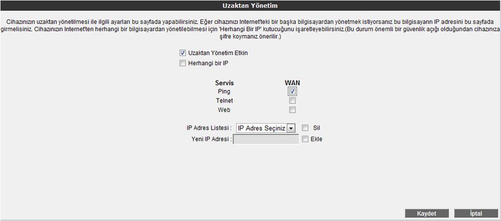 TR-069 Ayarları menüsüne tıklayınız. TR-069 Etkin: TR-069 protokolünü etkinleştirmek için bu onay kutusunu işaretleyiniz. URL: Cihazın bağlanacağı otomatik yapılandırma sunucusunun (ACS) adresidir.