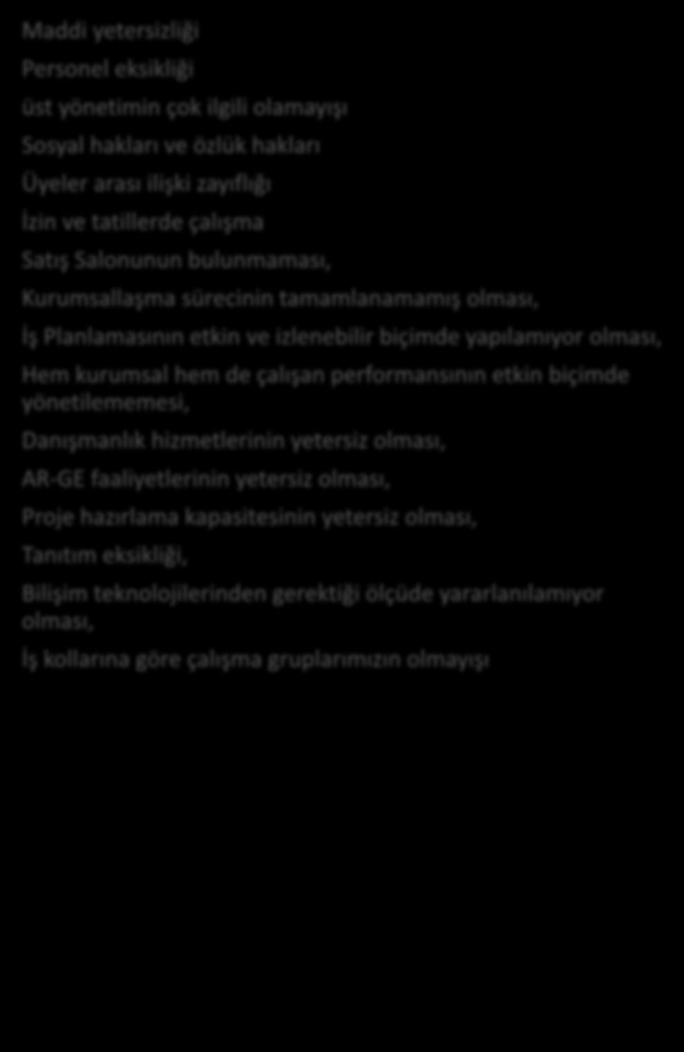 yapılamıyor olması, Hem kurumsal hem de çalışan performansının etkin biçimde yönetilememesi, Danışmanlık hizmetlerinin yetersiz olması, AR-GE faaliyetlerinin yetersiz olması,