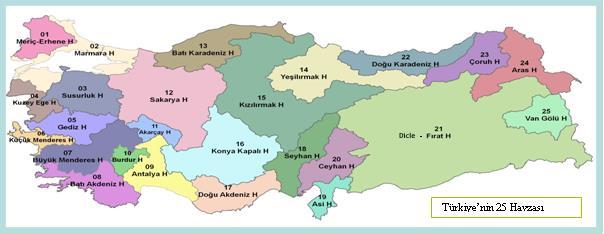 Türkiye deki Su Kaynaklarının Havzalara Göre Dağılımı Suların havzalara dağılımında eşitsizlik Toplam yıllık akışın % 50 si Dicle-Fırat, Doğu Karadeniz, Doğu Akdeniz ve Antalya