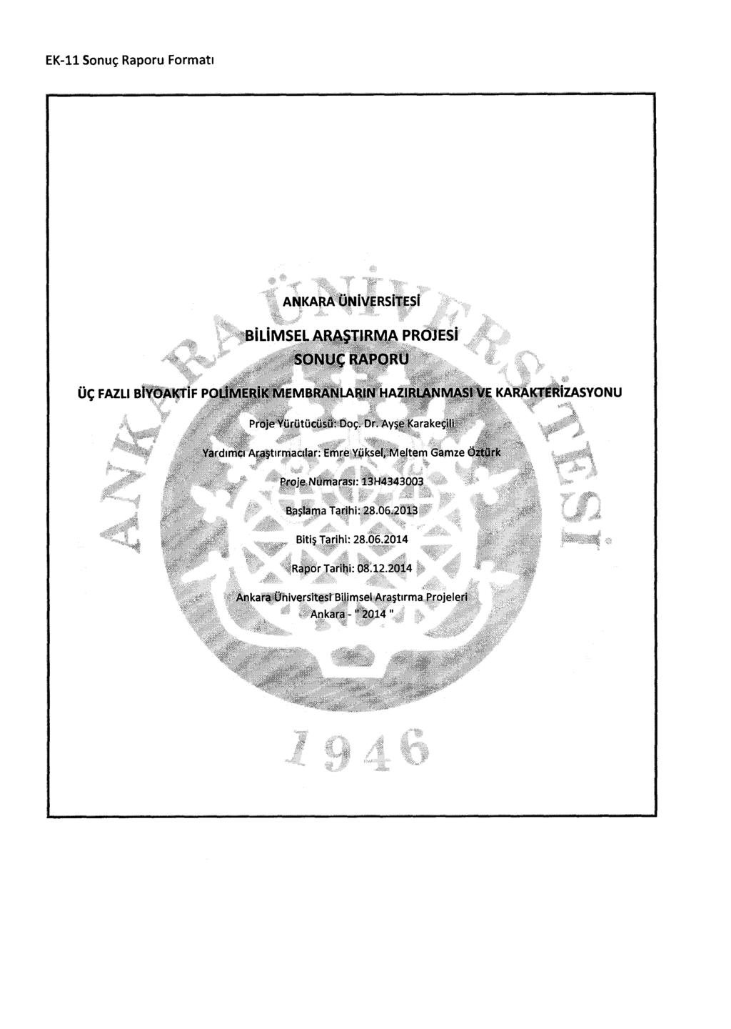 ANKARA ÜNİVERSİTESİ BİLİMSEL ARAŞTIRMA PROJESİ SONUÇ RAPORU ÜÇ FAZLI BİYOAKTİF POLİMERİK MEMBRANLARIN HAZIRLANMASI VE KARAKTERİZASYONU Proje Yürütücüsü: Doç. Dr.