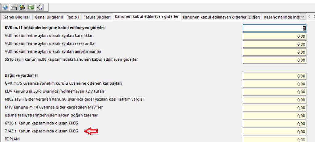 Kurum Geçici Vergi Beyannamesi Güncelledik Firma tanıtım kartındaki kanunen kabul edilmeyen gider hesap kodları bölümünden