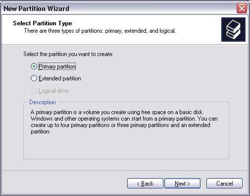 6. Birincil bölüm öğesini seçip İleri düğmesine tıklayın. (Windows XP) 7.