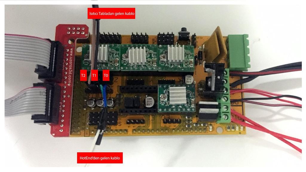 Termistör ( Isı Sensörü ) Bağlantıları Isıtıcı Fişek ( Hotend ) üzerinden gelen termistör Ramps üzerinde T0 yazan alana, Isıtıcı Tabla ( HeatBed ) ortasındaki deliğe yerleştirilecek olan