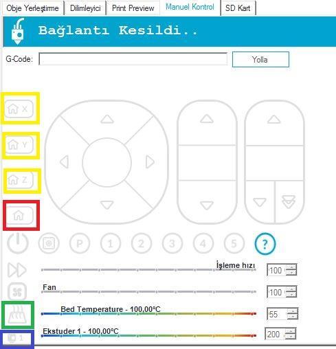 Bağlan butonuna tıklanarak yazıcı ile bilgisayar arasındaki bağlantı sağlanır. Manuel Kontrol Sarı ile işaretli alanlar sırası ile X,Y ve Z yi ev konumuna gönderir.