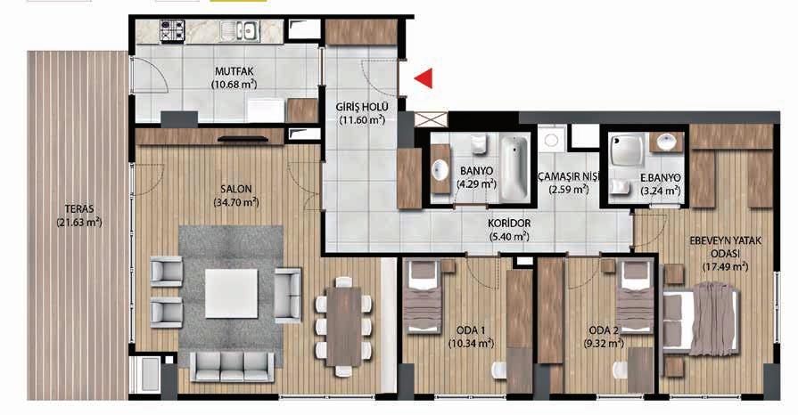 A Tipi Blok 3+1 DAİRE PLANI Giriş Holü: 11.60 m 2 Salon: 34.70 m 2 Mutfak: 10.68 m 2 Koridor: 5.40 m 2 Ebv. Yatak Odası: 17.49 m 2 Oda 1: 10.34 m 2 Oda 2: 9.32 m 2 Banyo: 4.29 m 2 Ebv. Banyo: 3.