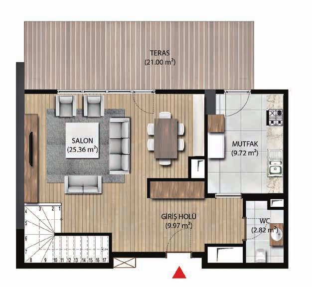 3+1 A Tipi Blok DUBLEKS DAİRE PLANI Giriş Holü: 9.97 m 2 Salon: 25.36 m 2 Mutfak: 9.72 m 2 WC: 2.82 m 2 K ALT KAT PLANI Net alan: 47.87 m 2 Teras: 21.00 m 2 Toplam net alan: 101.