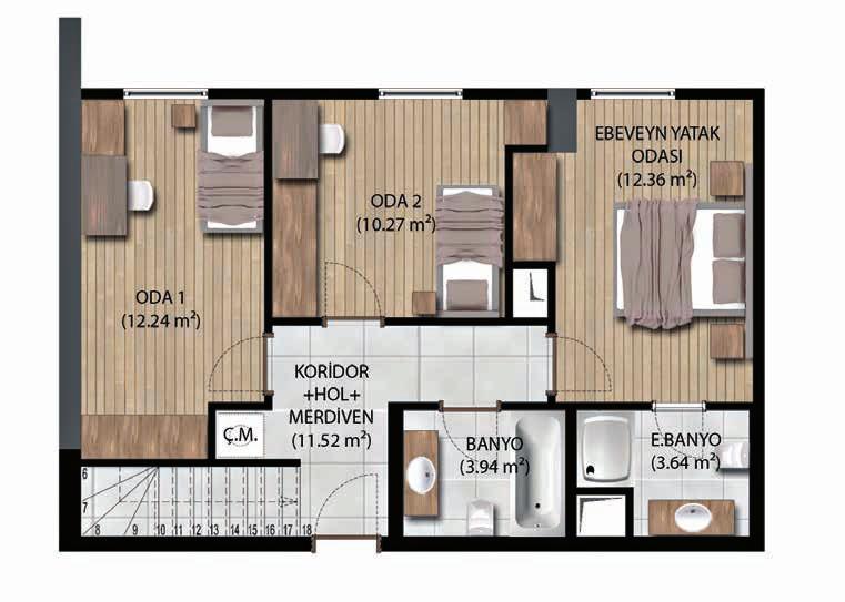 ÜST KAT PLANI Koridor + Hol + Merdiven: 11.52 m 2 Ebv. Yatak Odası: 12.36 m 2 Oda 1: 12.24 m 2 Oda 2: 10.27 m 2 Banyo: 3.94 m 2 Ebv.