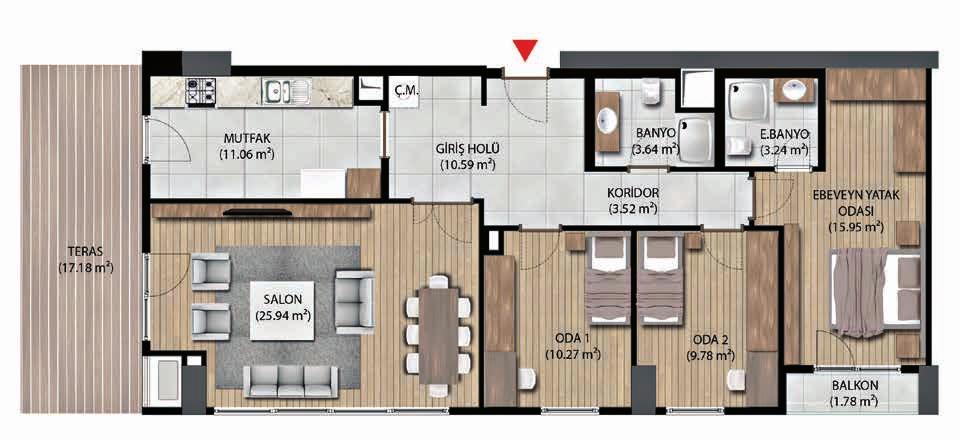 B4 Tipi Blok 3+1 DAİRE PLANI Giriş Holü: 10.59 m 2 Salon: 25.94 m 2 Mutfak : 11.06 m 2 Koridor: 3.52 m 2 Ebv. Yatak Odası: 15.95 m 2 Oda 1: 10.27 m 2 Oda 2: 9.78 m 2 Banyo: 3.64 m 2 Ebv. Banyo: 3.24 m 2 K Net alan: 93.