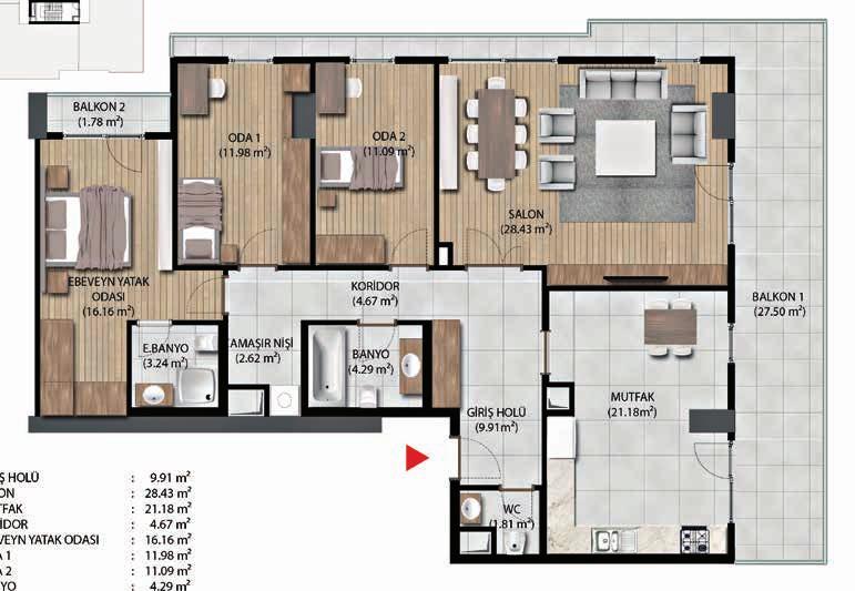 B Tipi Blok 4+1 DAİRE PLANI Giriş Holü: 9.91 m 2 Salon: 28.43 m 2 Mutfak: 21.18 m 2 Koridor: 4.67 m 2 Ebv. Yatak Odası: 16.16 m 2 Oda 1: 11.98 m 2 Oda 2: 11.09 m 2 Banyo: 4.29 m 2 Ebv. Banyo: 3.