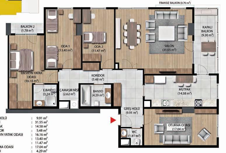 B Tipi Blok 4+1 DAİRE PLANI Giriş Holü: 9.91 m 2 Salon: 31.55 m 2 Mutfak : 14.58 m 2 Koridor: 5.48 m 2 Ebv. Yatak Odası: 16.16 m 2 Oda 1: 13.40 m 2 Oda 2: 11.47 m 2 Oturma Odası: 17.04 m 2 Banyo: 4.