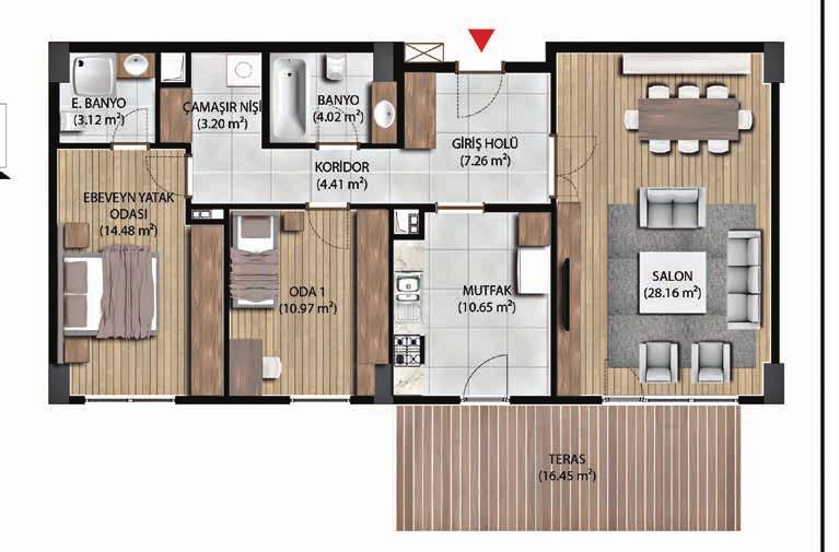 B3 Tipi Blok 2+1 DAİRE PLANI Giriş Holü: 7.26 m 2 Salon: 28.16 m 2 Mutfak: 16.65 m 2 Koridor: 4.41 m 2 Ebv. Yatak Odası: 14.48 m 2 Oda 1: 10.97 m 2 Banyo: 4.02 m 2 Ebv. Banyo: 3.