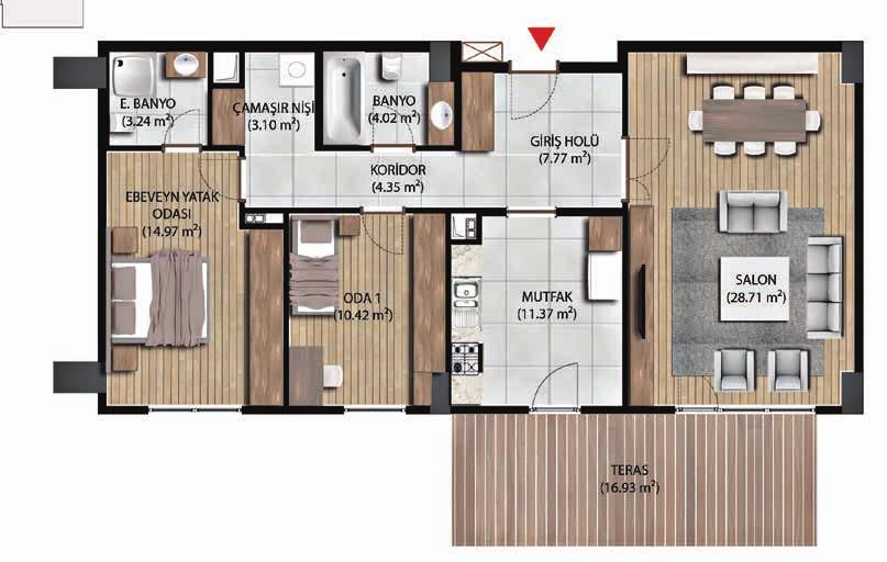 B4 Tipi Blok 2+1 DAİRE PLANI Giriş Holü: 7.77 m 2 Salon: 28.71 m 2 Mutfak : 11.37 m 2 Koridor: 4.35 m 2 Ebv. Yatak Odası: 14.97 m 2 Oda 1: 10.42 m 2 Banyo: 4.02 m 2 Ebv. Banyo: 3.