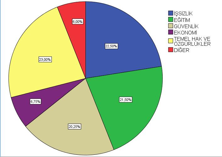 DİYARBAKIR İŞSİZLİK 90 22,5 EĞİTİM 86 21,5 GÜVENLİK 81 20,3 EKONOMİ 27 6,8 TEMEL HAK VE 92 23,0 ÖZGÜRLÜKLER DİĞER 24 6,0 Diyarbakır da bu soruya cevap verenleri 22,5 (90 kişi) i Türkiye nin en