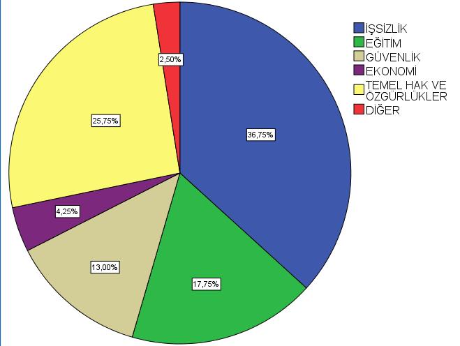 MARDİN İŞSİZLİK 147 36,8 EĞİTİM 71 17,8 GÜVENLİK 52 13,0 EKONOMİ 17 4,3 TEMEL HAK VE 103 25,8 ÖZGÜRLÜKLER DİĞER 10 2,5 Mardin de bu soruya cevap verenleri 36,8 (147 kişi) i Türkiye nin en