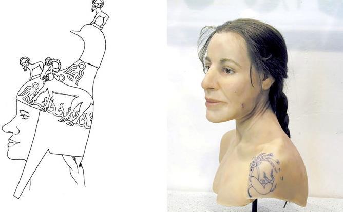 adlandırılan kadının iskeletinden yüz oluşturma teknikleriyle oluşturulan yukarıdaki fotoğrafı ile- yine Siberian Times adlı yayında, mezarındaki savaş aletleri bulunması nedeniyle Kadın
