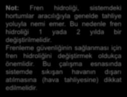 Fren hidroliği Not: Fren hidroliği, sistemdeki hortumlar aracılığıyla genelde tahliye yoluyla nemi emer. Bu nedenle fren hidroliği 1 yada 2 yılda bir değiştirilmelidir.