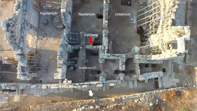 248 Serap ERKOÇ Fig. 11. Tepidairum-Tuğla duvar ve Sudatorium (?) Fig. 12. Caldarium-Batı duvar/pah lar 2.3.1. Duvarlar ve praefurnium lar Mekânın doğu duvarına yerleşik iki kapı, tepidarium dan buraya geçişi sağlar.
