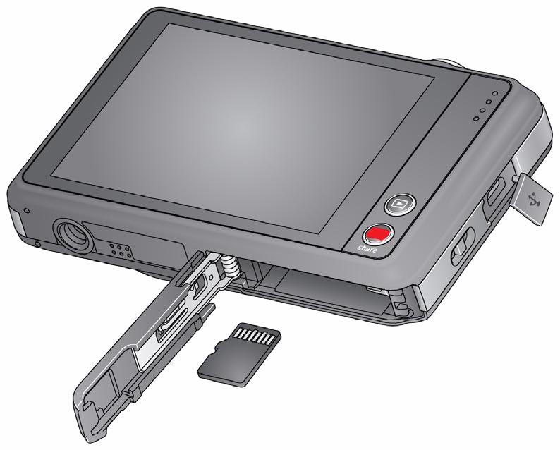 Ürüne genel bakış, özellikler Yandan, alttan görünümler LCD Tripod yuvası Hoparlör MICROSD/ SDHC Kart (aksesuar) Micro USB/ AV Çıkışı Askı takma yeri İncele Share (Paylaş) MICROSD/SDHC Kartı