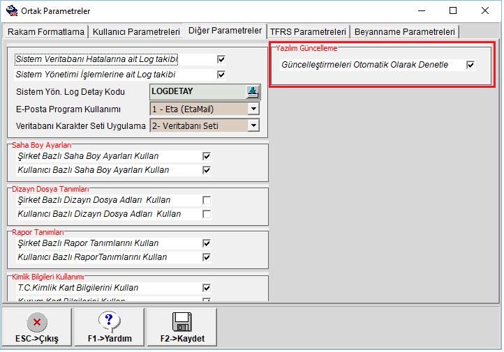 Ekran 2: Güncelleme Uygulamasının Çalıştırılması Sistem Yönetimi (ETASQLSYS) modülü Ortak Tanımlar Ortak Parametreler bölümü Diğer Parametreler sayfasında