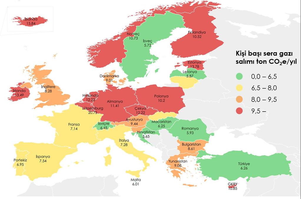 Harita 2. Avrupa da Kişi Başı Sera Gazı Salımı (ton CO2e/yıl) Error! Reference source not found., Avrupa nın toplam sera gazı salımını göstermektedir.