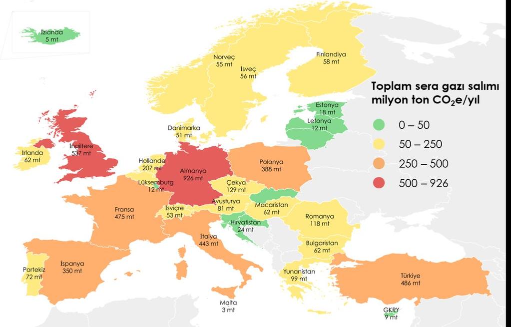 Harita 3. Avrupa da Toplam Sera Gazı Salımı (ton CO2e/yıl) Error! Reference source not found. ve Error! Reference source not found., Avrupa ülkelerinin 1990 yılından itibaren sera gazı azaltım performanslarını göstermektedir.