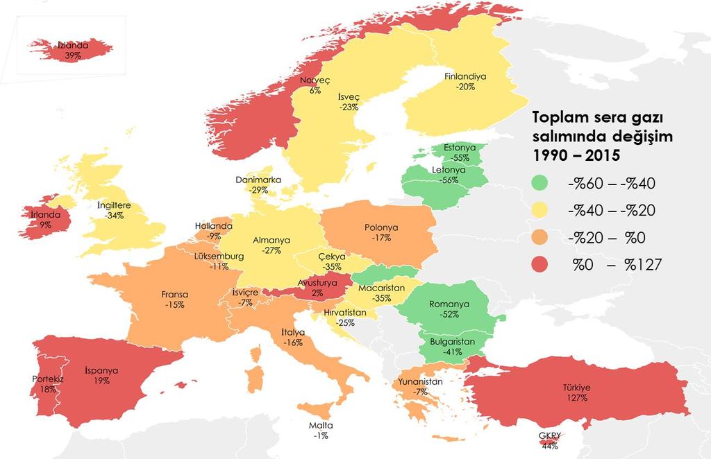 (%58), Letonya (%56), Estonya (%55) ve Romanya dır (%52) (bkz. Error! Reference source not found.). Harita 8. Avrupa'da 1990-2015 Arasında Toplam Sera Gazı Salımı Değişimi (%) Ek 4.