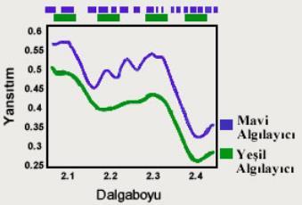 UZAKTAN ALGILAMANIN BİLEŞENLERİ Veri İşleme ve Görsel Yorumlama Dijital Görüntünün Özellikleri Grafikte, aynı spektral bölgede algılama yapan iki algılayıcıdan