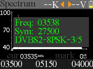 1. 22k durumunu gösterir. K: 22k off; 22k: 22k on 2. RF güç çıkış durumunu gösterir. Değerler: 13V, 18V ve Kapalı 3. Güç seviyesi aralığı. Aralık 0 ~ 100'dür 4. Spektrum grafiğini gösteren alan 5.