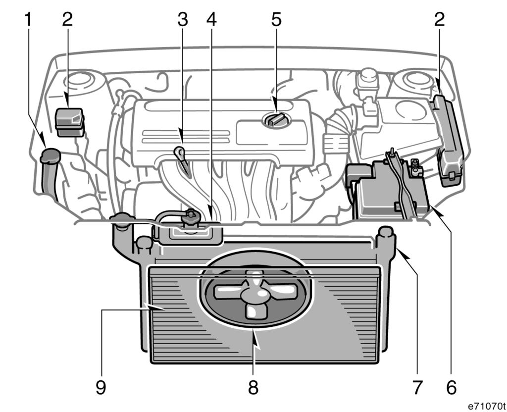 Motor kompartýmanýna genel bakýþ 4ZZ-FE ve 3ZZ-FE motorlar 1. Ön cam ve arka cam yýkama suyu deposu 2. Sigorta kutusu 3.
