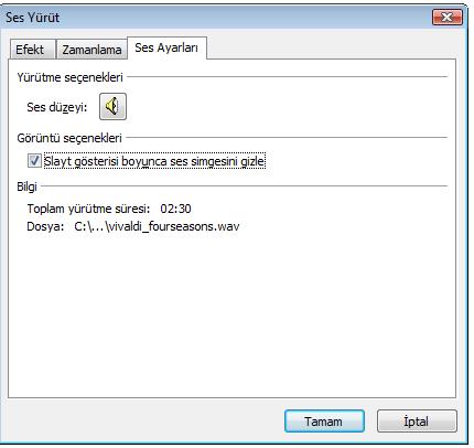 Ses ayarları sekmesinde de görüldüğü üzere ses dosyasının powerpoint sunusunu hazırladığınız