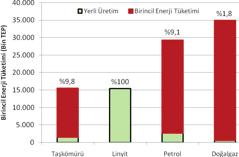 Türkiye de birincil enerji üretiminin tüketimi karşılama oranı dışa bağımlılık 21 Türkiye nin birincil enerji tüketiminin %87 sini karşılayan dört fosil yakıt için yerli üretim oranları Grafik 12 de