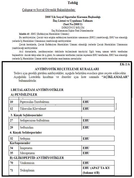 Sağlık Uygulama Tebliğiʼnde (SUT) EHU ONAYI: * 2005 yılı SUT ta hastanede kullanılan geniş spektrumlu antibakteriyelleri, antifungal leri ve antiviralleri reçete e