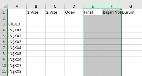 Örnek Uygulama D Sütunu ile E sütunu arasına iki sütun eklemek için E ve F sütunu sütun ismi kısmından (gri