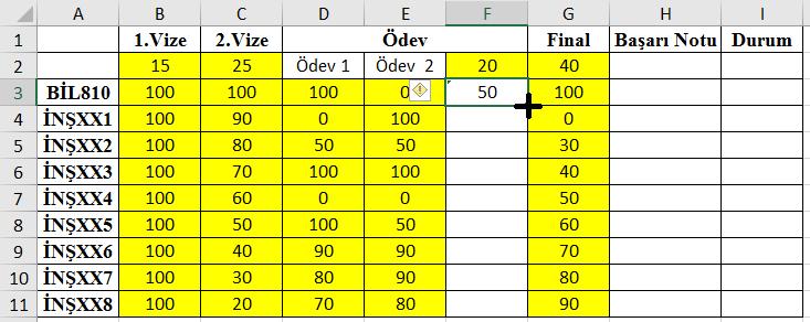 Örnek Uygulama F sütununa Ödev1 ve Ödev2 nin ortalamalarının alınmasının çoğaltılması Mouse F3